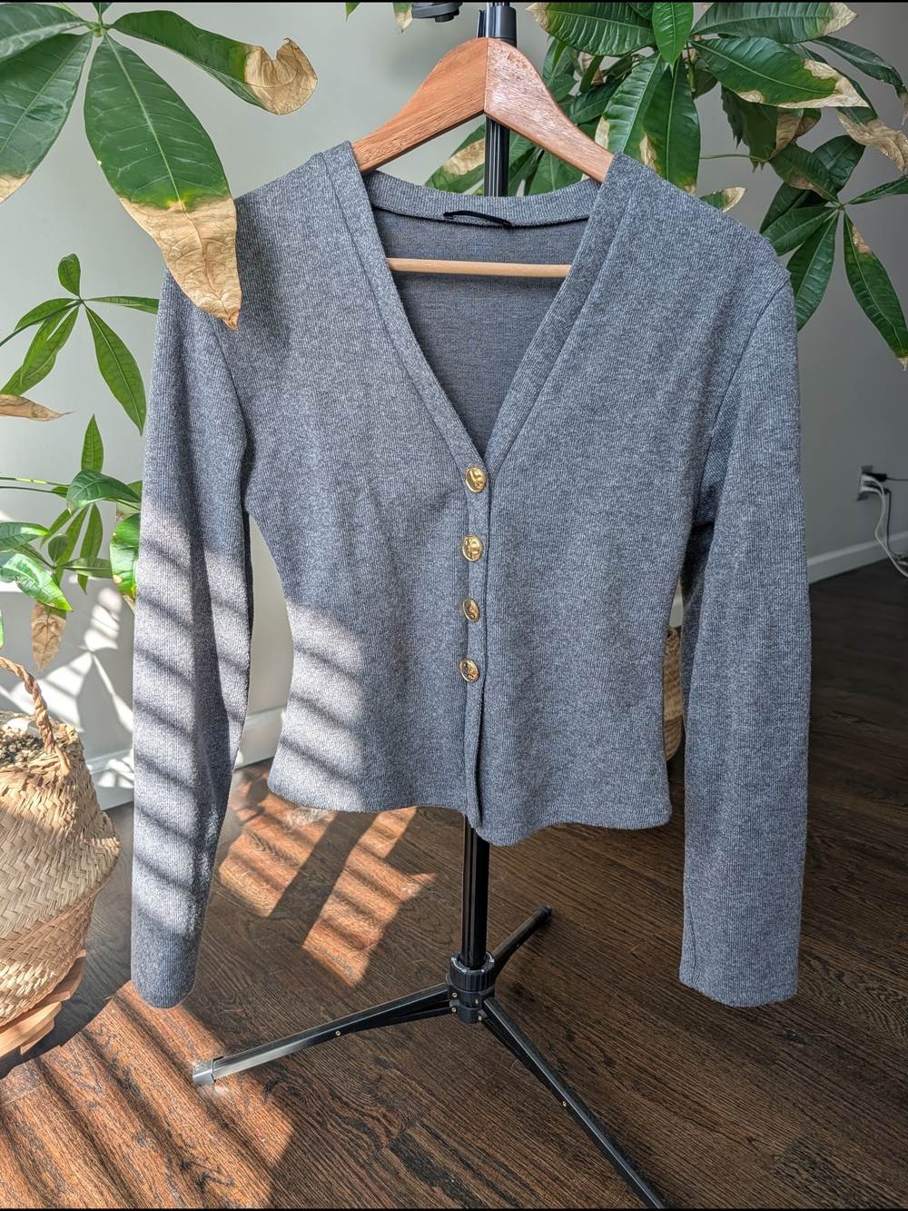 Zara Gray V-Neck Button-Front Cardigan with Gold Buttons
